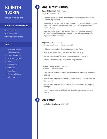 Bingo Attendant Resume