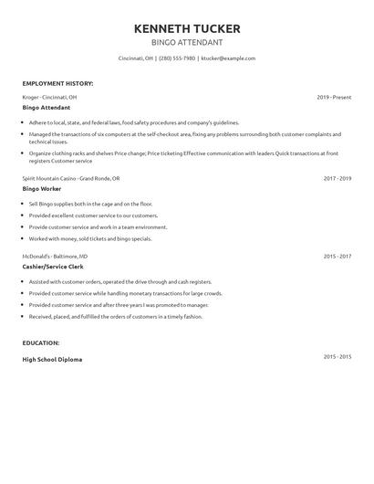 Bingo Attendant Resume