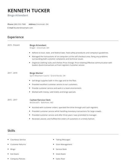 Bingo Attendant Resume