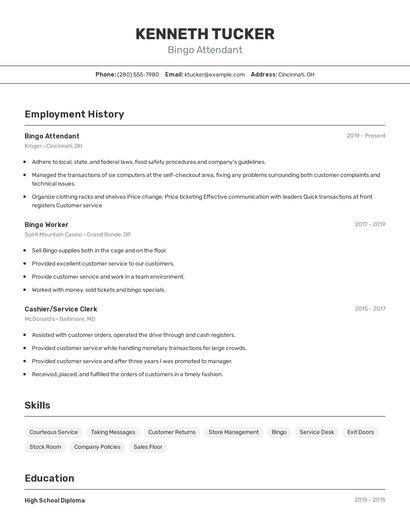 Bingo Attendant Resume