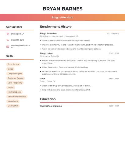 Bingo Attendant Resume