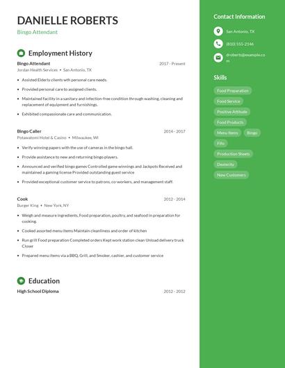 Bingo Attendant Resume