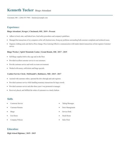 Bingo Attendant Resume