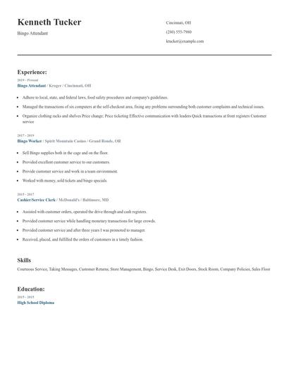 Bingo Attendant Resume