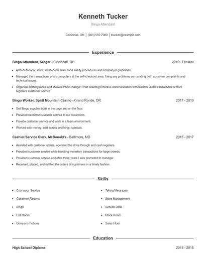 Bingo Attendant Resume