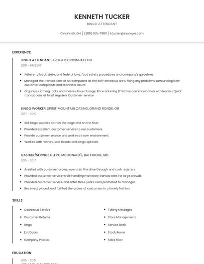 Bingo Attendant Resume