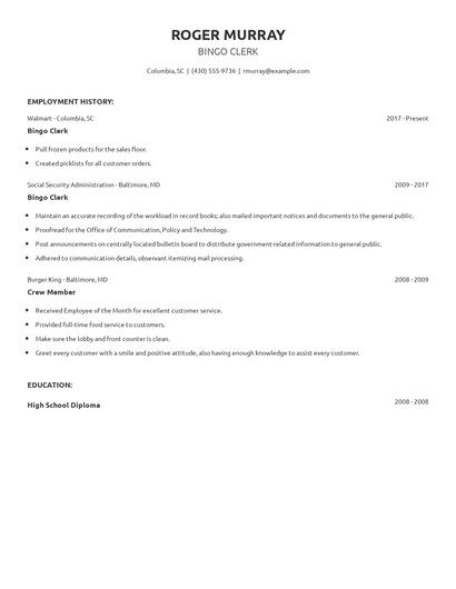 Bingo Clerk Resume