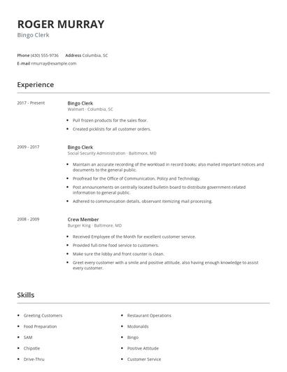 Bingo Clerk Resume