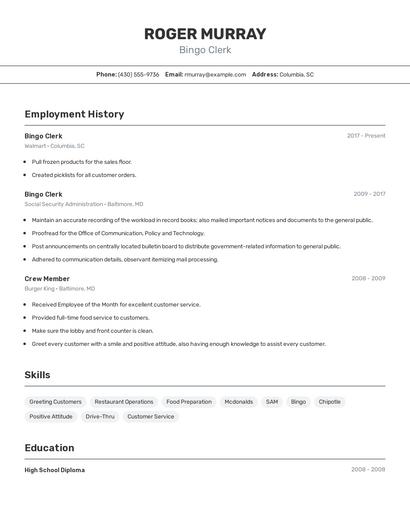 Bingo Clerk Resume