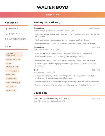 Bingo Clerk Resume