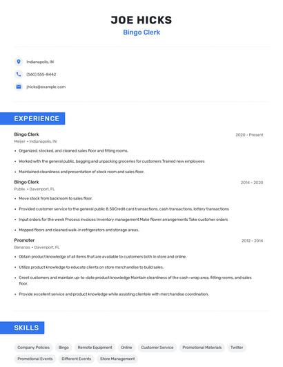 Bingo Clerk Resume