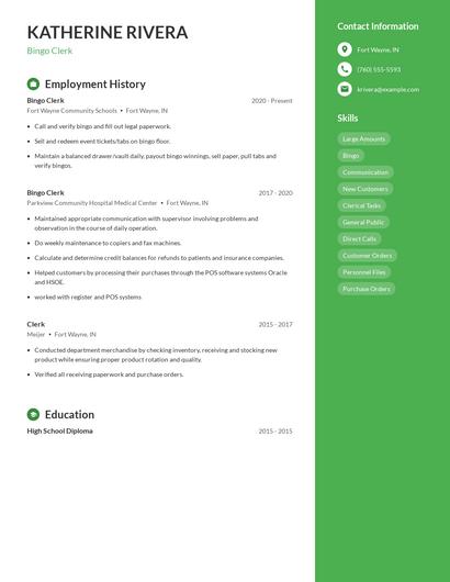 Bingo Clerk Resume