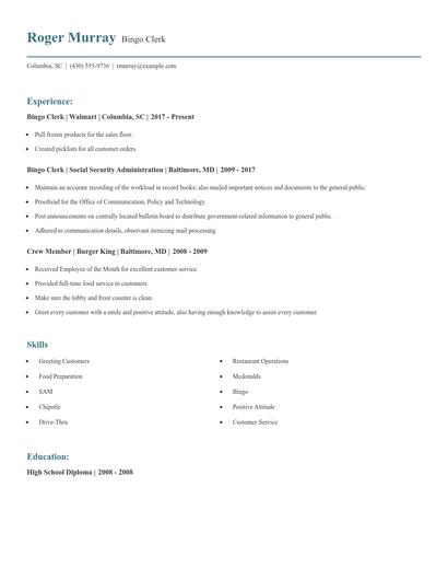 Bingo Clerk Resume