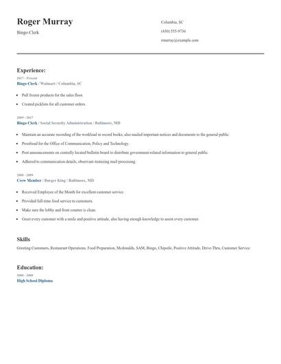 Bingo Clerk Resume