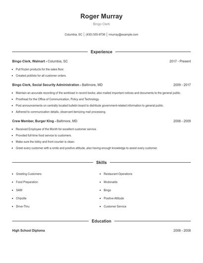 Bingo Clerk Resume