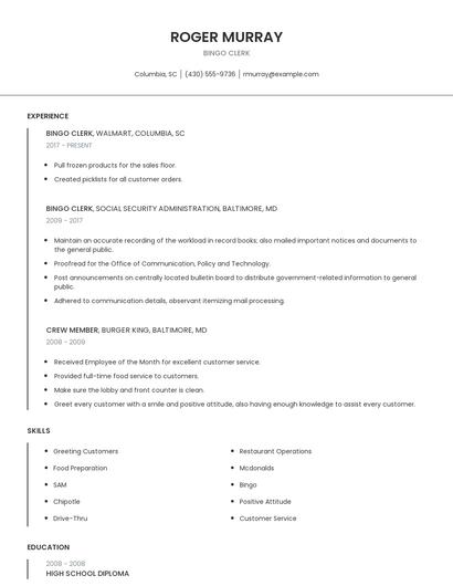 Bingo Clerk Resume