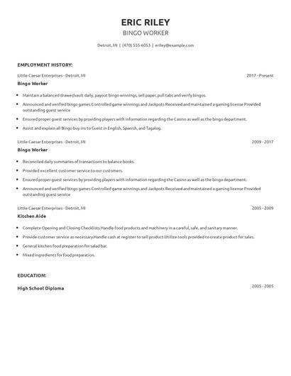 Bingo Worker Resume