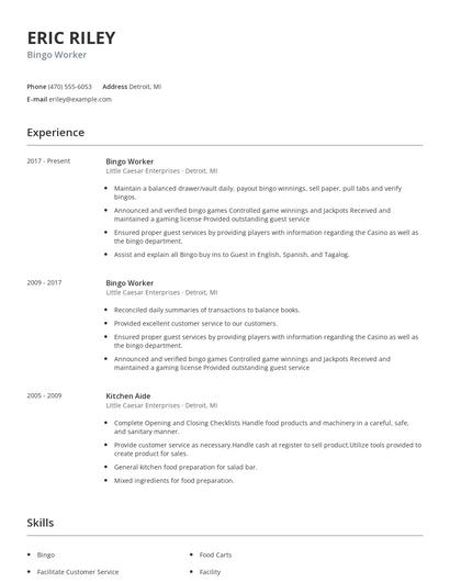 Bingo Worker Resume