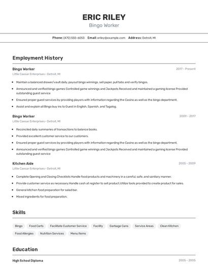 Bingo Worker Resume