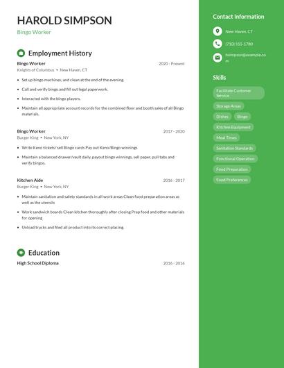 Bingo Worker Resume