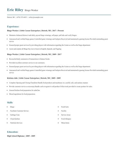 Bingo Worker Resume