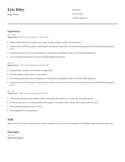 Bingo Worker Resume
