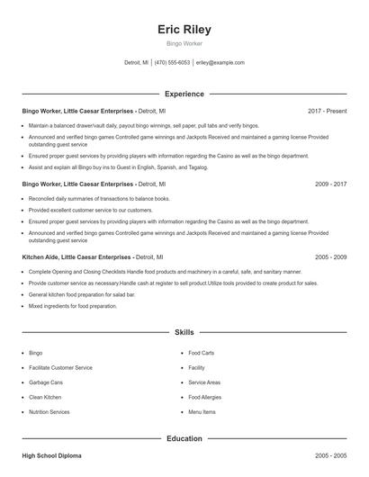 Bingo Worker Resume