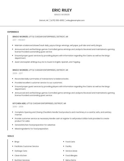 Bingo Worker Resume