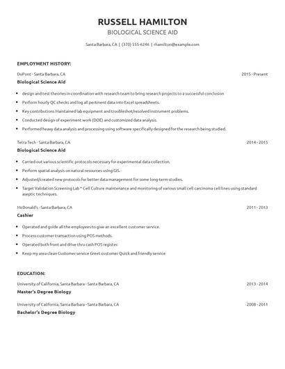 Biological Science Aid Resume