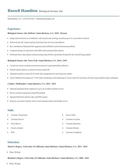 Biological Science Aid Resume