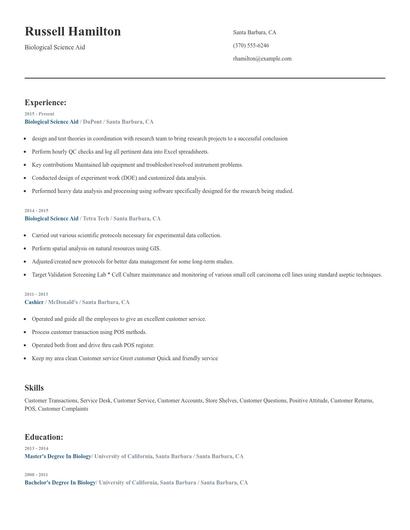 Biological Science Aid Resume