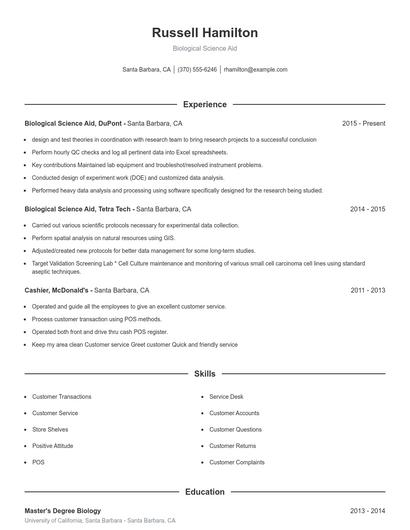 Biological Science Aid Resume