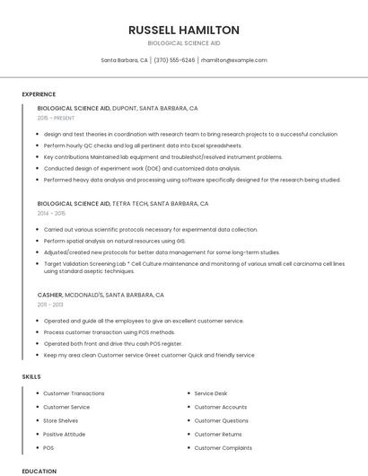 Biological Science Aid Resume