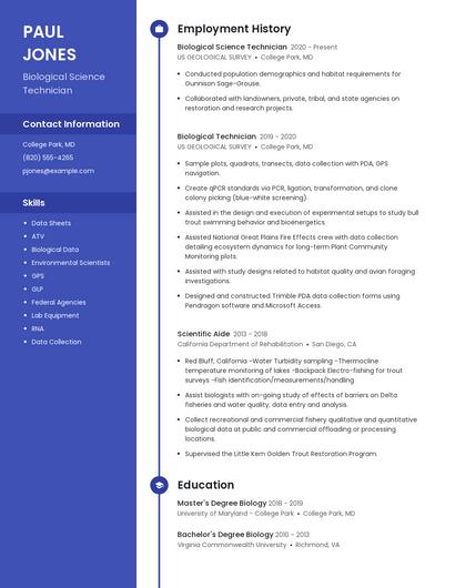 Biological Science Technician Resume