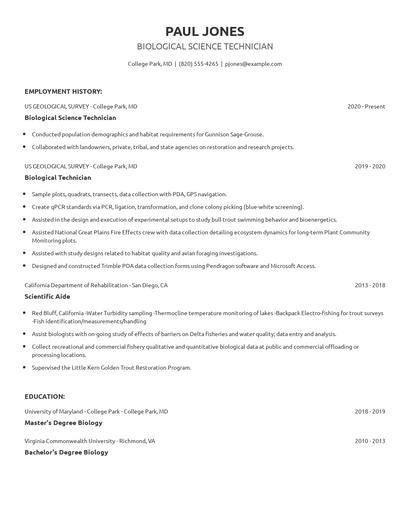Biological Science Technician Resume