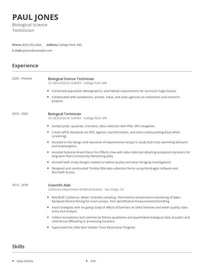 Biological Science Technician Resume