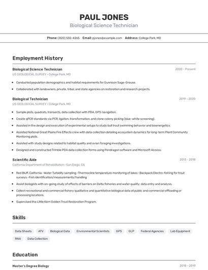 Biological Science Technician Resume