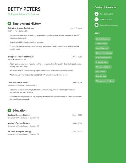 Biological Science Technician Resume