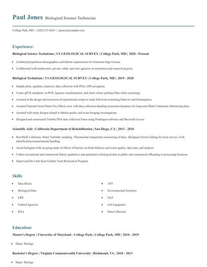 Biological Science Technician Resume