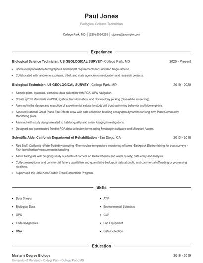 Biological Science Technician Resume