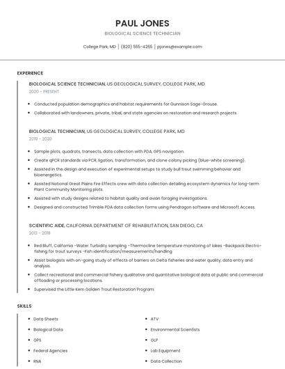 Biological Science Technician Resume