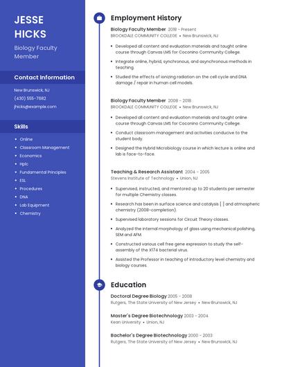 Biology Faculty Member Resume