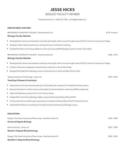 Biology Faculty Member Resume