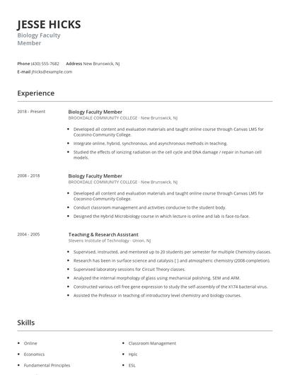 Biology Faculty Member Resume