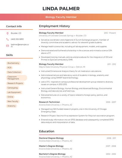 Biology Faculty Member Resume