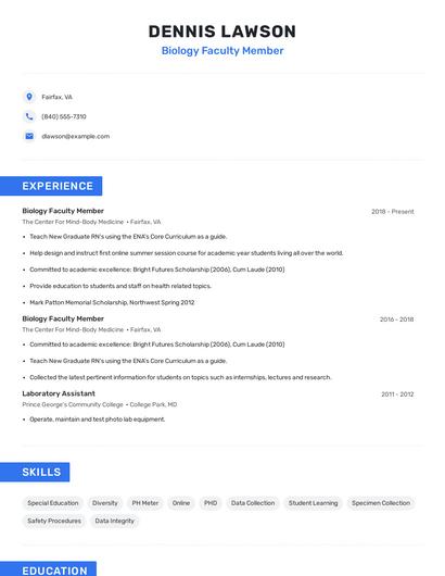 Biology Faculty Member Resume