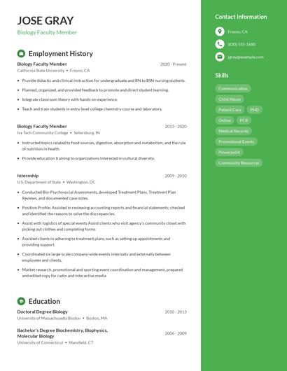 Biology Faculty Member Resume