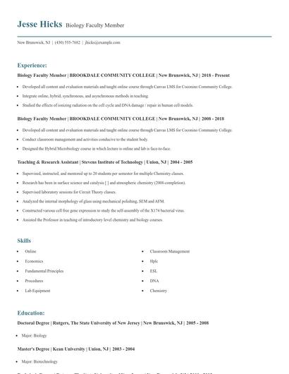 Biology Faculty Member Resume