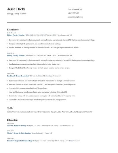 Biology Faculty Member Resume