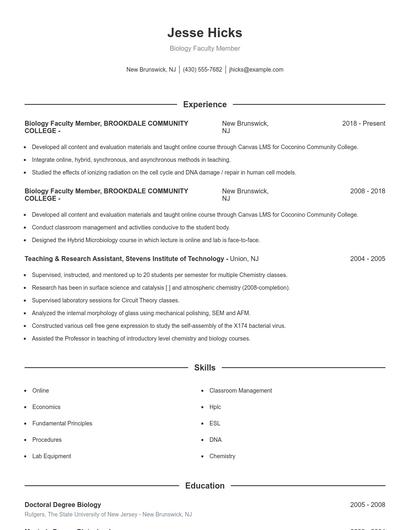 Biology Faculty Member Resume